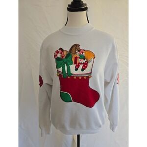 Vintage FT Robinson White Christmas Stocking Toy Applique Sweatshirt Women Large